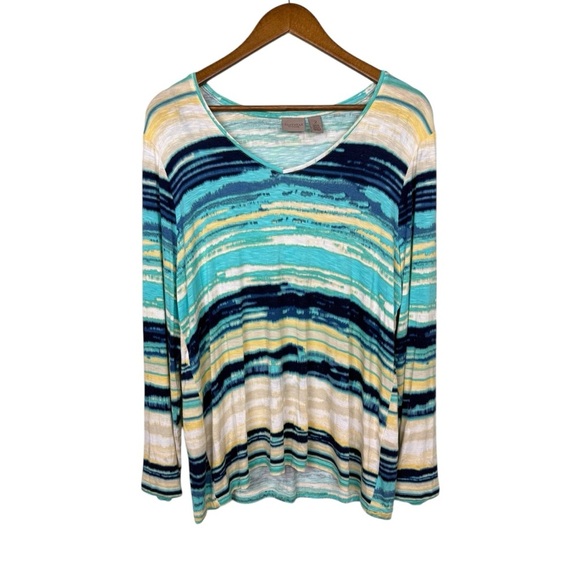 Chico's Easywear Relaxed Blue/Yellow Watercolor Striped Long Sleeve - Picture 1 of 6